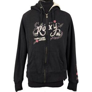 VTG Y2K ROXY Zip Hoodie Sherpa Lined Embroidered Beaded Floral Graphic Women XL